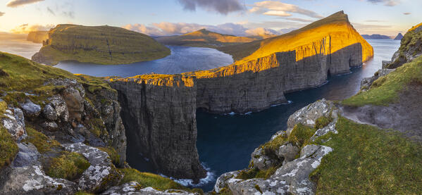 Panoramic view of Sørvagsvatn during sunset, Vagar, Faroe Islands, Denmark, Scandinavia