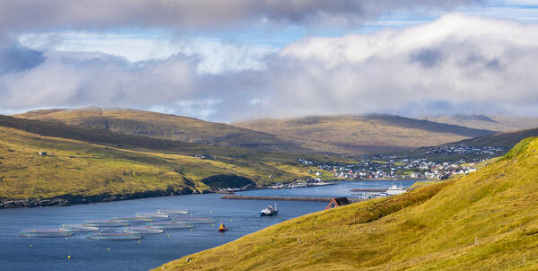 Panormaic and elevated view of Sandavagur village at sunset, Vagar, Faroe Islands, Denmark, Scandinavia