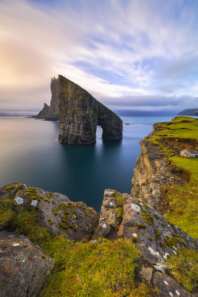 Drangarnir at sunset, Vagar, Faroe Islands, Denmark, Scandinavia