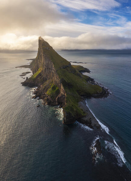 Aerial view of Tindholmur at sunset, Vagar, Faroe Islands, Denmark, Scandinavia