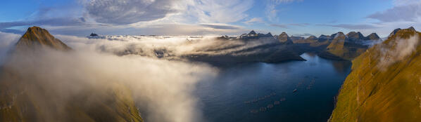 Aerial and panoramic view of Funningsførdur, Sunda municipality, Eysturoy, Faroe Islands, Denmark, Scandinavia