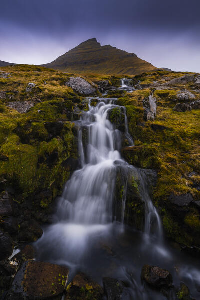 Slaettaratindur mountain and waterfall near Gjogv, Sunda municipality, Eysturoy, Faroe Islands, Denmark, Scandinavia
