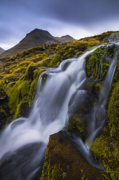 Husafjall mountain and waterfall near Gjogv, Sunda municipality, Eysturoy, Faroe Islands, Denmark, Scandinavia