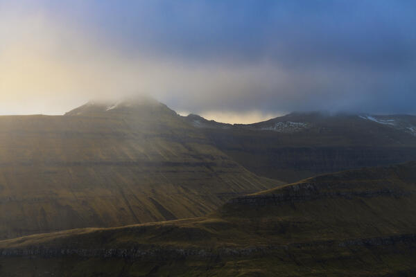 Mountains around Funningsførdur viewed from Gonguturur Hvithamar trailhead, Sunda municipality, Eysturoy, Faroe Islands, Denmark, Scandinavia