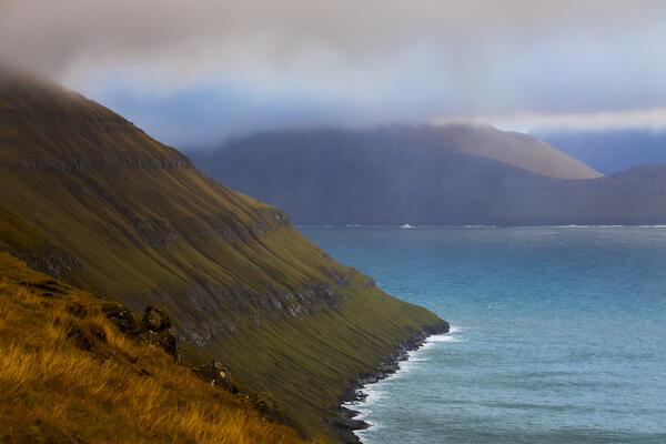 Funningsførdur and Kalsoy island viewed from Gonguturur Hvithamar trailhead, Sunda municipality, Eysturoy, Faroe Islands, Denmark, Scandinavia