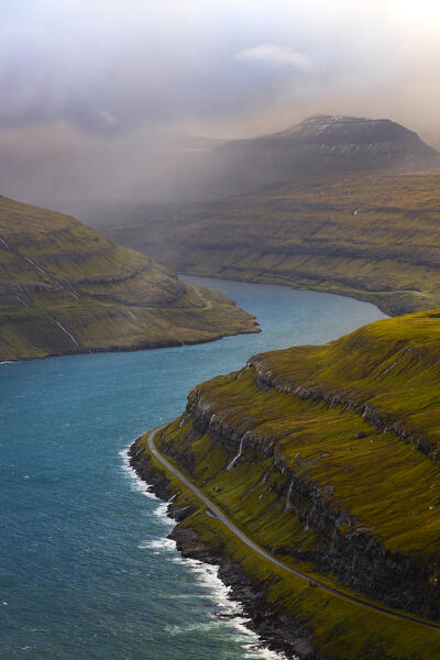 Funningsførdur viewed from Gonguturur Hvithamar trailhead, Sunda municipality, Eysturoy, Faroe Islands, Denmark, Scandinavia