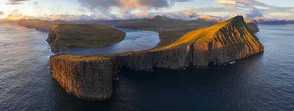 Aerial and Panoramic view of Sørvagsvatn during sunset, Vagar, Faroe Islands, Denmark, Scandinavia