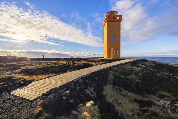 Svortuloft lighthouse at sunset Hellisandur, Snæfellsnes peninsula, Iceland, Northern Europe