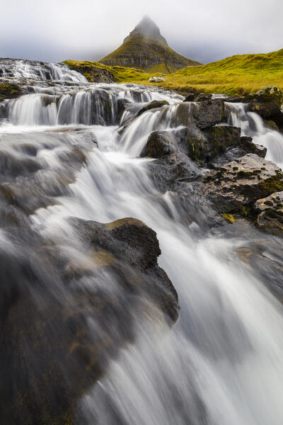 Vadhorn mountain and waterfall near Gjogv, Sunda municipality, Eysturoy, Faroe Islands, Denmark, Scandinavia