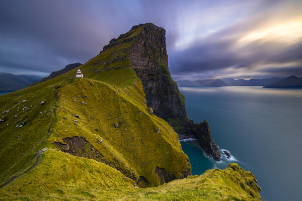 Kallur Lighthouse and Borgarin mountain at sunset, Kalsoy, Faroe Islands, Denmark, Scandinavia