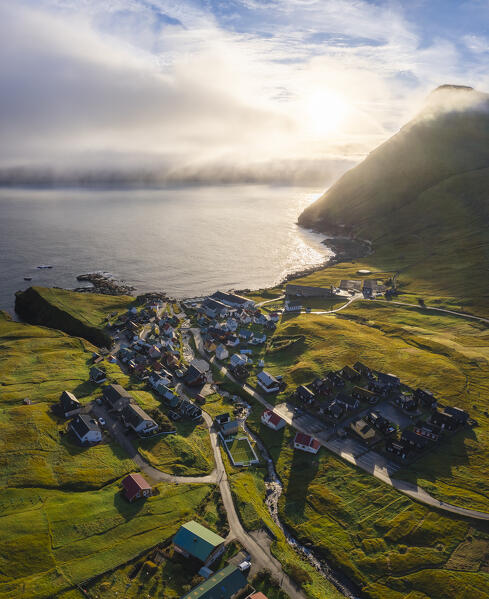 Aerial view of Gjogv and Kalsoy island, Sunda municipality, Eysturoy, Faroe Islands, Denmark, Scandinavia