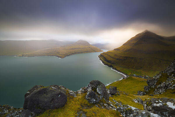 Funningsfjordur viewed from Gonguturur Hvithamar trailhead, Sunda municipality, Eysturoy, Faroe Islands, Denmark, Scandinavia