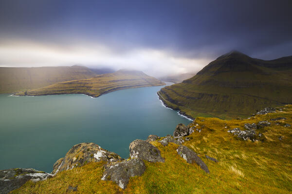 Funningsfjordur viewed from Gonguturur Hvithamar trailhead, Sunda municipality, Eysturoy, Faroe Islands, Denmark, Scandinavia