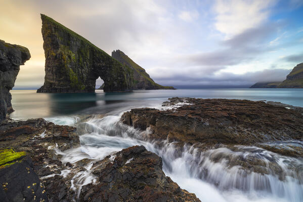 Drangarnir at sunset, Vagar, Faroe Islands, Denmark, Scandinavia