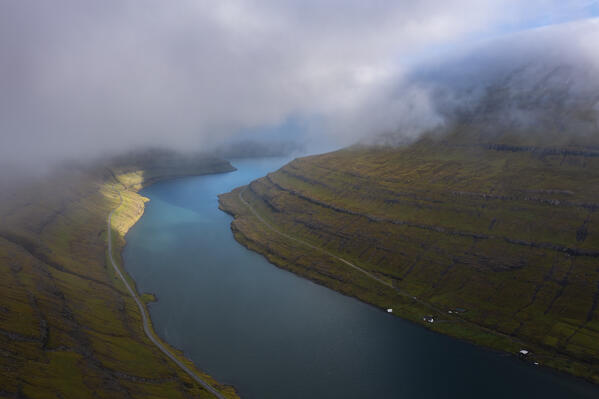 Aerial view of Funningsfjordur, Sunda municipality, Eysturoy, Faroe Islands, Denmark, Scandinavia