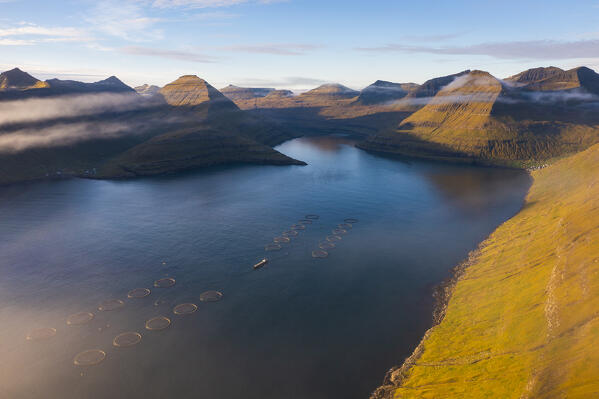 Aerial view of Funningsfjordur, Sunda municipality, Eysturoy, Faroe Islands, Denmark, Scandinavia