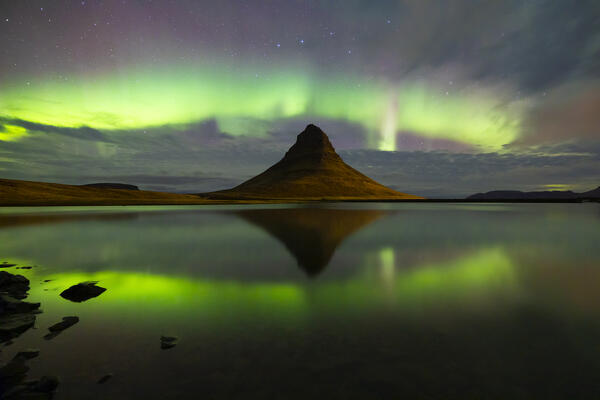 Northern lights at Kirkjufell, Grundafjordur, Snaefellsnes peninsula, Vesturland region, Iceland, Northern Europe
