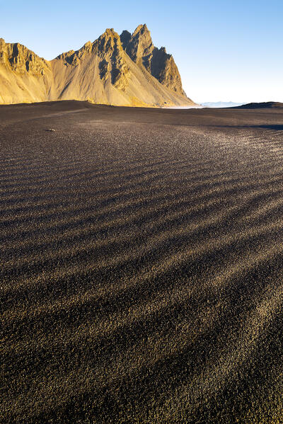 Black sand and Vestrahorn at sunrise, Stokksnes peninsula, Hofn, Austurland, Iceland, Northern Europe