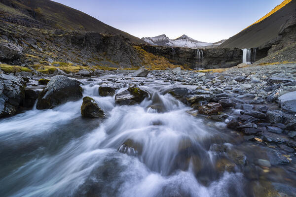 Skutafoss waterfall at sunset during autumn, austurland, Iceland, Northern Europe