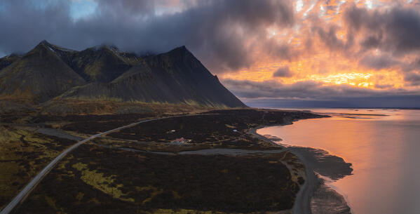 Aerial and panoramic view of Ring Road an Hafnarfjall mountain, Borgarnes, Borgarbyggo, Myrasysla, Vesturland, Iceland, Northern Europe