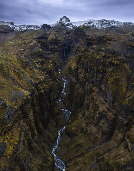 Aerial view of Mulagljufur canyon, southern Iceland, Iceland, Northern Europe
