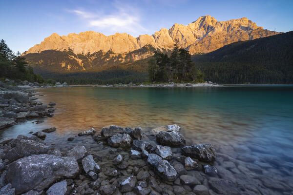 Eibsee and Zugspitze at sunset during summer, Garmish Partenkirchen, Bavaria, Germany, Deutschland, Western europe
