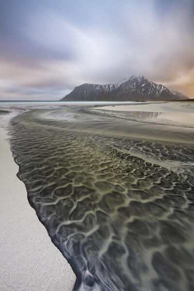 Stormy weather at Skagsanden beach, Flakstad, Flakstadoya, Nordland, Lofoten, Norway, Northern Europe