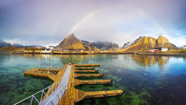 Panoramic view of Sakrisoy with rainbow, Moskenes, Moskenesoya, Nordland, Lofoten, Norway, Northern Europe