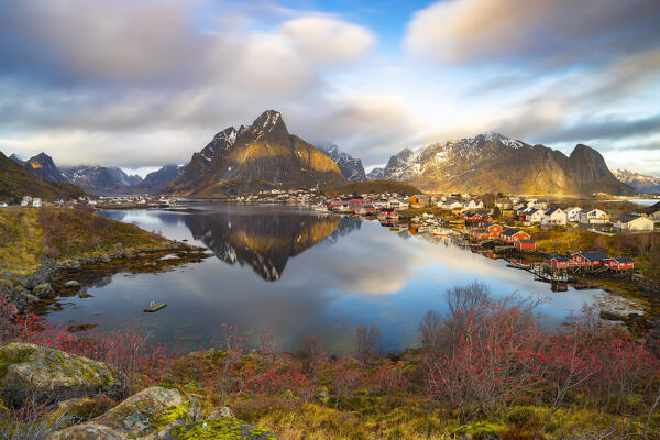 View of Reine with rainbow, Reine, Moskenes, Moskenesoya, Nordland, Lofoten, Norway, Northern Europe