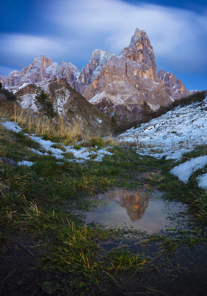 A view of Cimon della Pala from Cavallazza at twilight,  Passo Rolle, Trento, Trentino Alto Adige, Italy, Southern Europe
