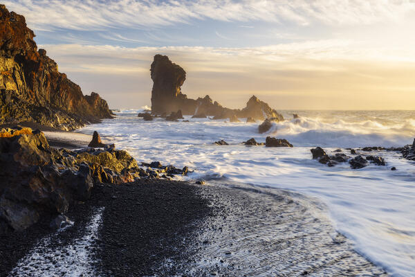 Dritvik and Djúpalónssandur at sunset, Hellnar, Snaefellsnes peninsula, Vesturland region, Iceland, Northern Europe