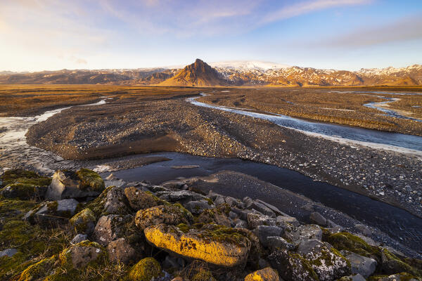 Myrdalsjokull and rivers at sunset, Sudurland, Iceland, Northern Europe