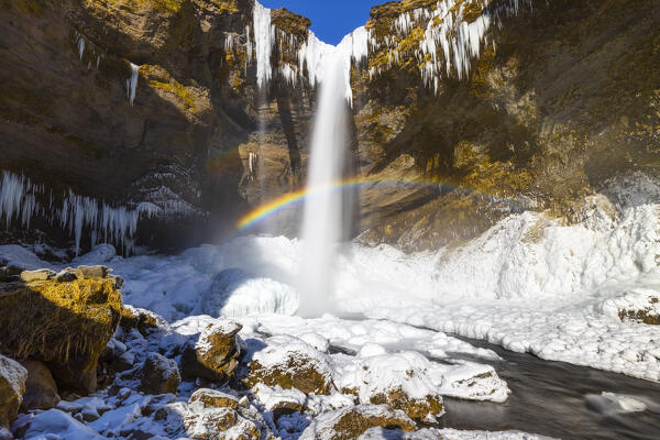 Kvernufoss waterfall with rainbow, Skogar, Sudurland, Iceland, Northern Europe
