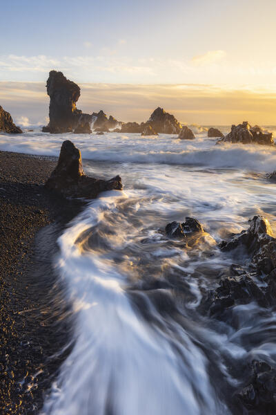 Dritvik and Djúpalónssandur at sunset, Hellnar, Snaefellsnes peninsula, Vesturland region, Iceland, Northern Europe