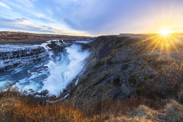 Gullfoss waterfall at sunset, Haukadalur, Geysir, Sudurland, Iceland, Northern Europe