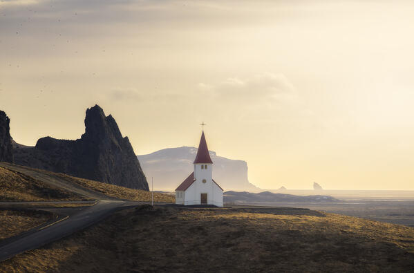 Reyniskirkja at sunrise, VikI Myrdal, Sudurland, Iceland, Northern Europe