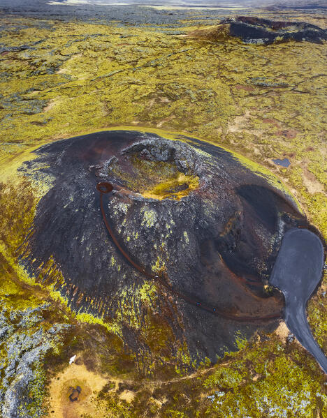 Aerial view of Saxholl crater, Hellisandur, Snæfellsnes Peninsula, Iceland, Northern Europe 