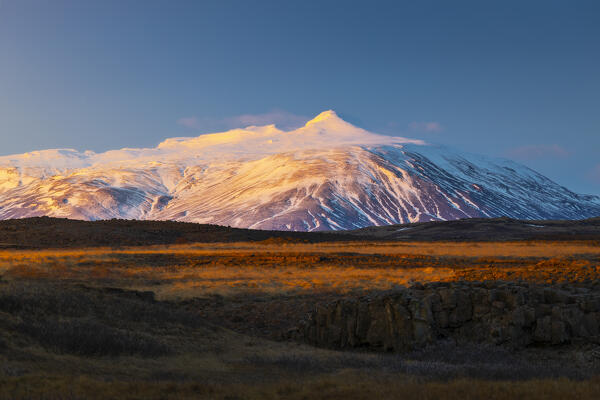 Blafell mountain at sunset during winter, Sudurland, Iceland, Northern Europe 