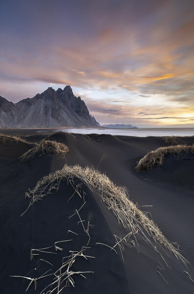 Vestrahorn and black sand at sunrise, Stokksnes peninsula, Hofn, Austurland, Iceland, Northern Europe