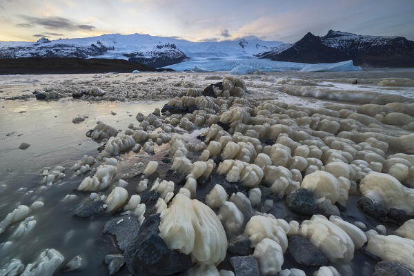 Fjallsarlon at sunset, Vatnajokull National Park, Sudurland, Iceland, Northern Europe