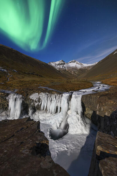 Northern Lights at Skutafoss waterfall, Austurland, Iceland, Northern Europe