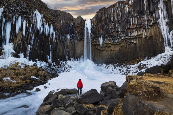 A tourist observes Svartifoss waterfall at sunset, Skaftafell National Park, Hornafjörður, Austurland, Iceland, Northern Europe (MR)