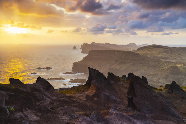 Sunrise over Sao Lourenco peninsula from Miradouro do Calhau da Furna do Bode, Madeira, Portugal, Western Europe