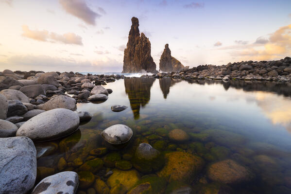 Sunset with reflections at Praia da Ribeira da Janela, Porto Moniz, Madeira Island, Portugal, Western Europe