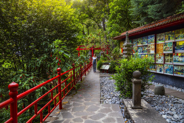 A woman walks inside the Monte Palace Tropical gardens of Madeira, Santa Maria Maior, Funchal, Madeira island, Portugal, Europe