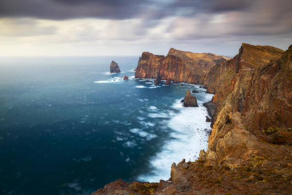 A long exposure at sunset in Sao Lourenco peninsula from Miradouro da Ponta do Rosto, Madeira, Portugal, Europe