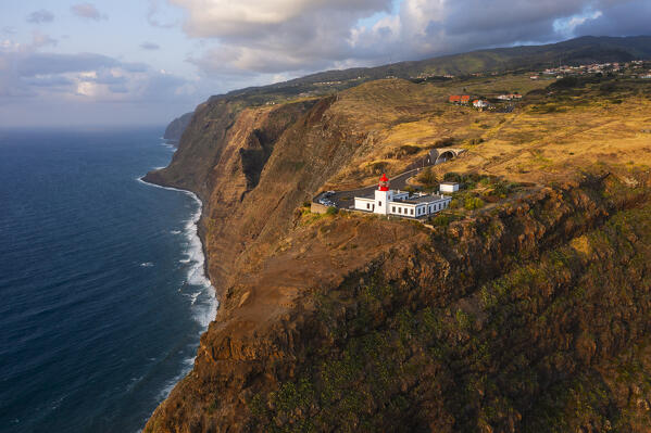 Aerial view of the beautiful Farol da Ponta do Pargo during sunset, Madeira, Portugal, Western Europe
