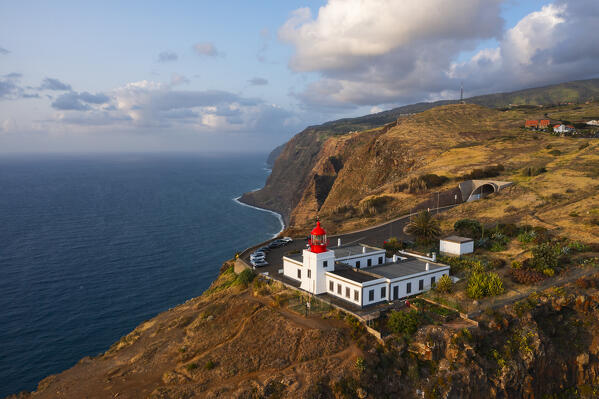Aerial view of the beautiful Farol da Ponta do Pargo during sunset, Madeira, Portugal, Western Europe
