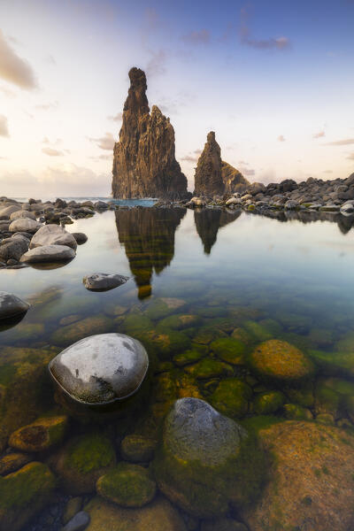 Sunset with reflections at Praia da Ribeira da Janela, Porto Moniz, Madeira Island, Portugal, Western Europe
