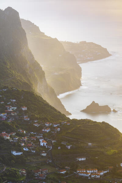 Elevated view from Miradouro da Beira da Quinta
over Arco de Sao Jorge at sunset, Santana, Madeira island, Portugal, Europe
